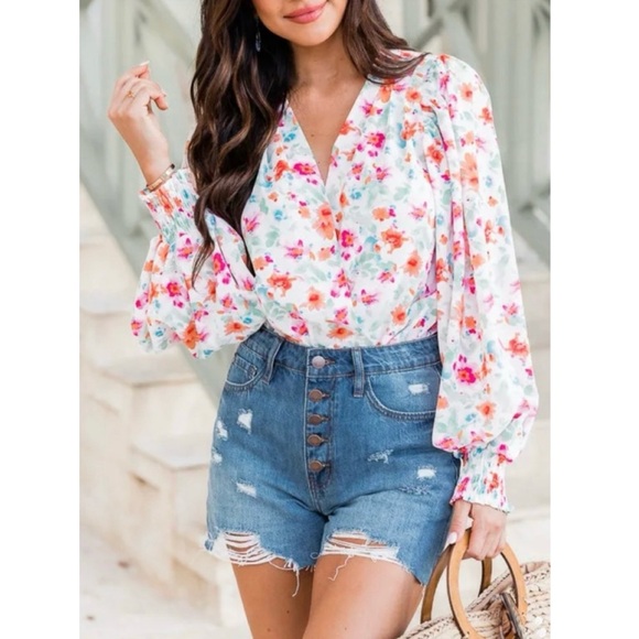 Pink Lily Tops - Pink Lily Floral Happy Always White Pink Surplice V-Neck Bodysuit Blouse Small